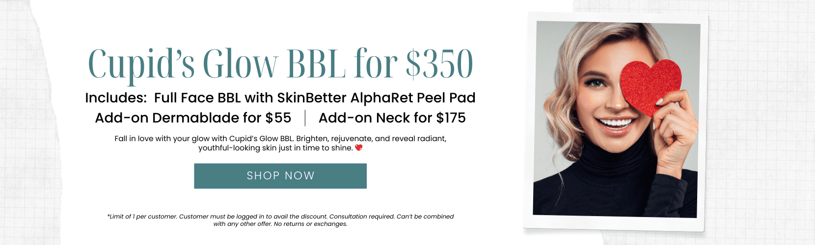 Cupid Glow BBL for $350 Includes Full Face BBL Combined with Skinbetter Science Alpharet Exfoliating Peel Pads